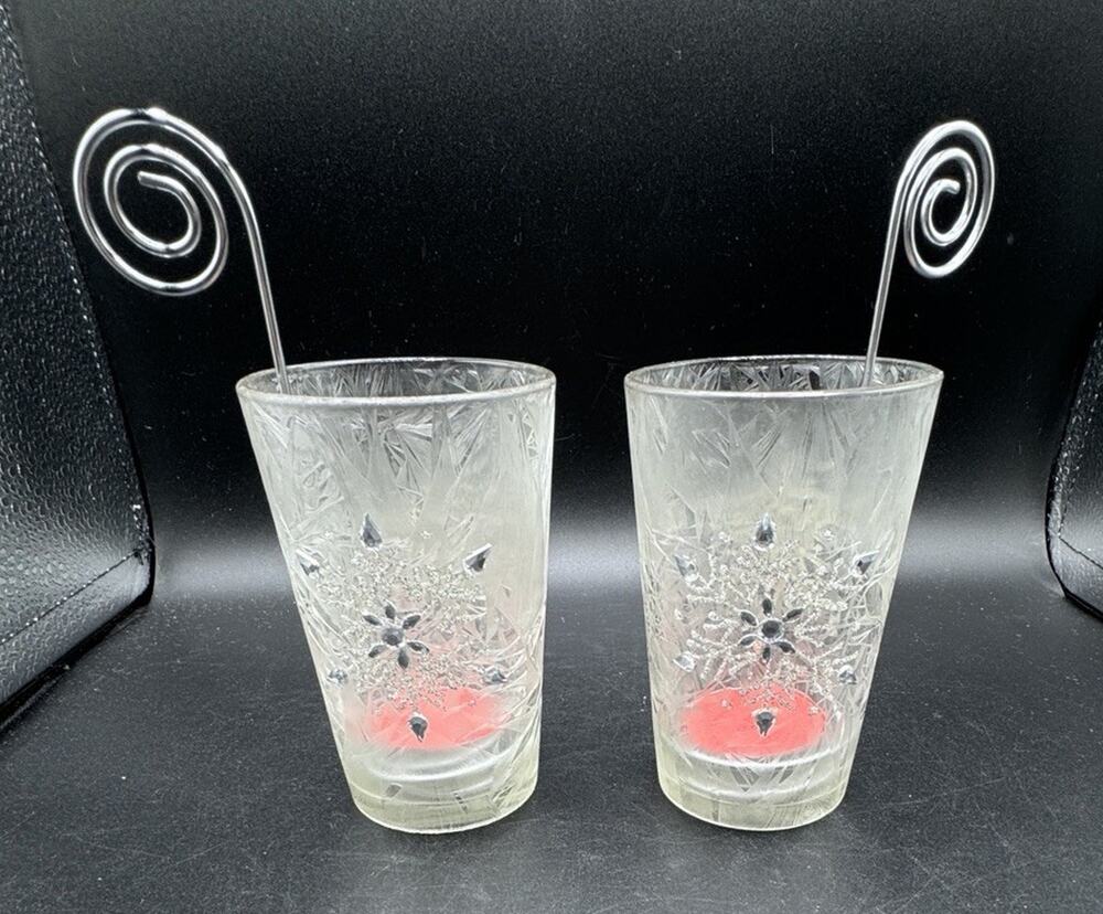 FROSTED Snowflake TEALIGHT CANDLE HOLDER WHITE GLASS 2 PIECE SET -A96